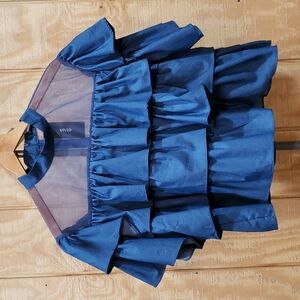 NWT Blue Mesh Vivid Tiered Ruffle High Neck Crop Top Size M